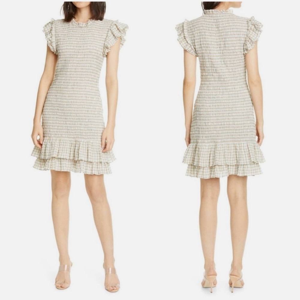 Veronica Beard Cici Smocked Seersucker Mini Cream Ruffle Dress size 0